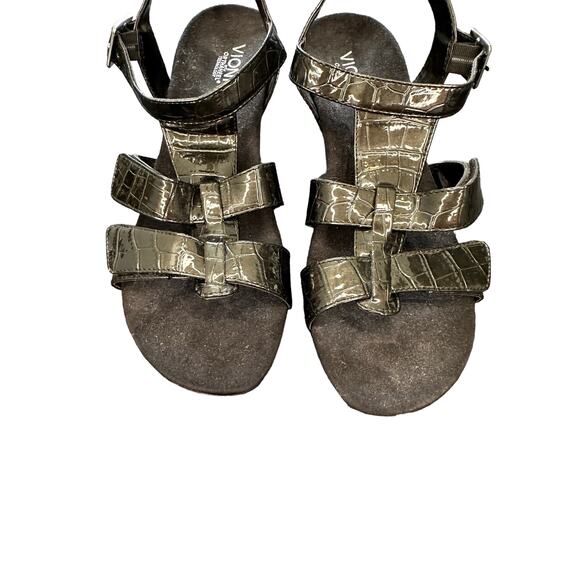 Vionic Black Casual Patent Leather Comfort Glenda Wedge Open Toe Sandals Size 9 - Picture 2 of 8